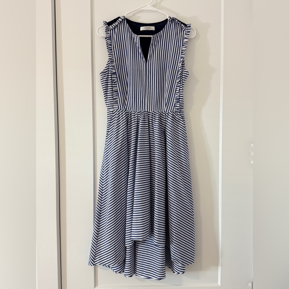 Ouwey Navy & White Striped Sleeveless Dress , Lace Back Detail